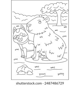 dog capybara chilling coloring book page for ui, ux, web, app, brochure, flyer and presentation design, etc.