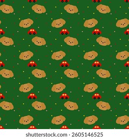 dog , car,  puppy on green background , fabric pattern , gift wrap , seamless pattern