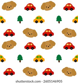 dog , car,  puppy on white background , fabric pattern , gift wrap , seamless pattern
