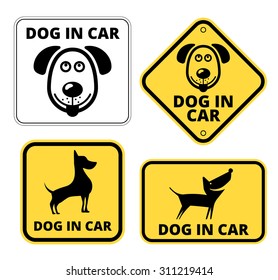Dog in Car Signs Humorous Comic Labels and Plates Collection. Vector Illustration