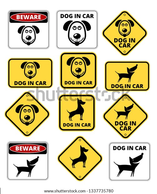 Dog in Car Signs Humorous Comic Labels and\
Plates Collection. Vector\
Illustration
