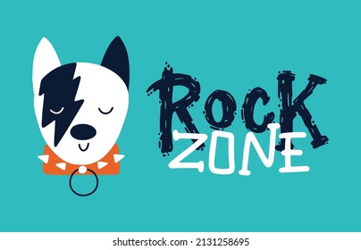 Dog card. Rock zone. Vector cartoon character. Illustration on a blue background for children in the style of funny doodles. Ideal for printing on baby clothes, t-shirts