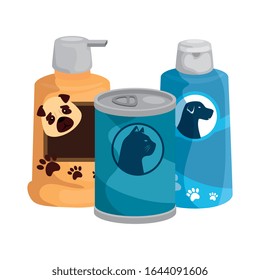 dog care bottles with food cat in can vector illustration design