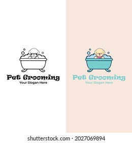 Cuidar al perro. Ilustración vectorial plana. Una linda ducha de perro en el baño. Logo para peluquería, estilismo y tienda de peluquería.