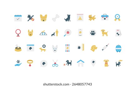 Dog care and food, veterinary and pet store service, grooming, kennel color icon set. Insect protection and vaccine, training in park and playing, love to animal friend flat vector illustration