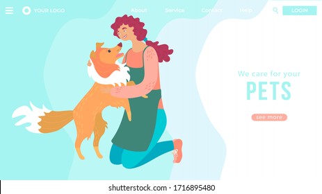 Dog care, happy woman with pet, cute animals and people, website design vector illustration. Pet care center landing page, animal shelter volunteer, happy dog owner girl. Veterinary service website