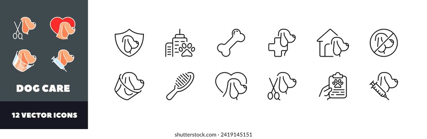 Juego de iconos de cuidado de perros. Estilo lineal