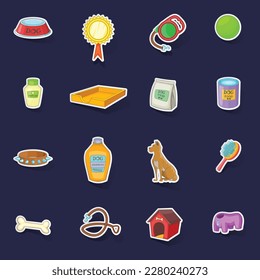 Dog care icons set stikers collection vector with shadow on purple background