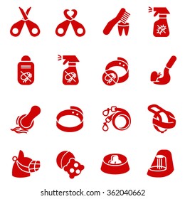 Dog care items as glyph icons, set two / There are some dog and cat care items like scissors, toothbrush, toys and breast-band
