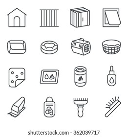 Dog care items as line icons, set one / There are some dog and cat care items like pillow, cage, toilet, and brush
