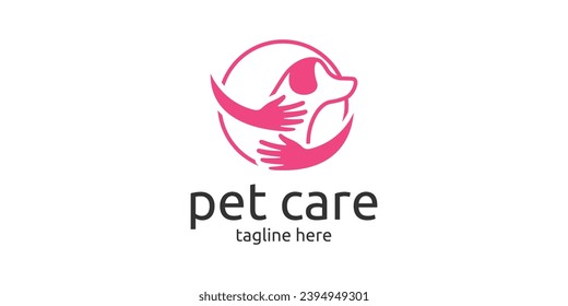 dog care logo design with dog elements and hugging hands.