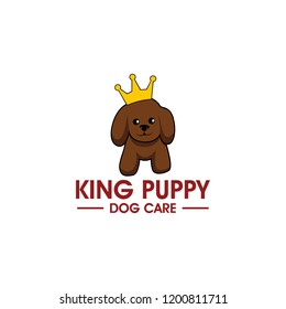 DOG CARE LOGO DESIGN TEMPLATE. CUTE CARTOON PUPPY WITH CROWN