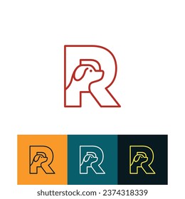 Dog care Logo of Letter R Pet paw store icon vector, cute animal shop symbol, veterinary clinic logotype.