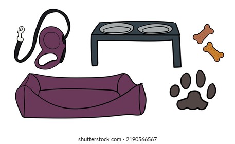 Dog Care Object Set, Items And Stuff, Vector Cartoon Illustration, Food Stuff Bone Kennel Collar Clothing Medicines