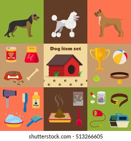 Dog care object set, items and stuff, vector cartoon illustration, food stuff bone kennel collar medicines