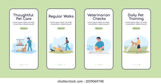 Dog care onboarding mobile app screen flat vector template. Owner with pets. Walkthrough website 4 steps with characters. Creative UX, UI, GUI smartphone cartoon interface, case prints set