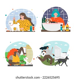 Dog care scene vector set flat illustration