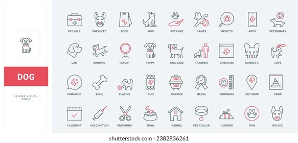 Dog care thin black and red line icons set vector illustration. Outline symbols of veterinarian help and training, vaccination calendar and chip of puppy, paw and medal of winner, vet store pictograms