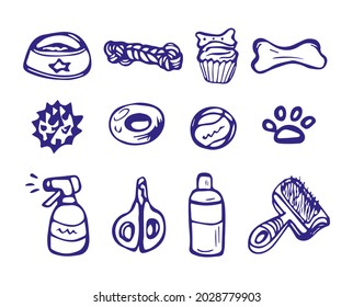 Dog Care and Treats Set Accessories Hand drawn Vector illustration. Leash, Food, care products. Doodle style. Isolated on a white background