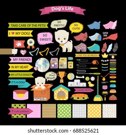 Dog care,stuff,objects,accessories,ribbon,speech babble icon and seamless pattern set isolated on a black background