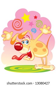 dog carries a bone with large red bow on outstretched legs, vector illustration, eps