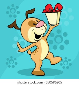 Dog carries gift - cheerful vector illustrations
