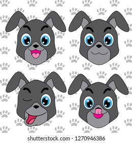 Dog cartoon, animal face, smiling, laughing, angry face, cute background, child