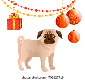 Dog cartoon with ball and gifts box. Vector illustration with animal symbol of the New Year 2018.