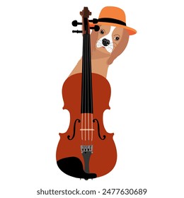 Dog cartoon character of cavalier King Charles spaniel playing violin or cello with no background.