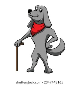 Dog cartoon character holding wooden walking stick