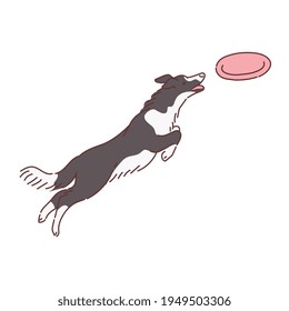 Dog Cartoon Character Jumps After Frisbee Disk Flat Vector Illustration Isolated.