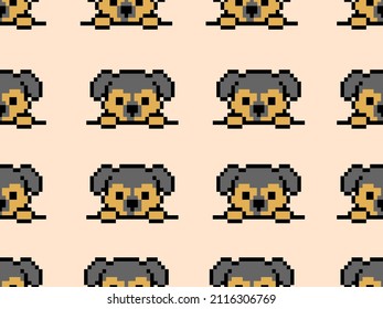 Dog cartoon character seamless pattern on brown background.Pixel style