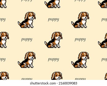 Caricatura de perro con un patrón impecable sobre fondo amarillo. Estilo de píxeles	