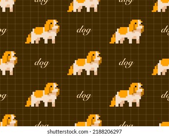 Dog cartoon character seamless pattern on brown background. Pixel style