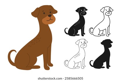 Dog cartoon character symbol or silhouette illustration set. Friendly cute simple dog terrier sits linear doodle icon. Funny stylized sign adorable domestic pedigree pet animal. Comic isolated vector