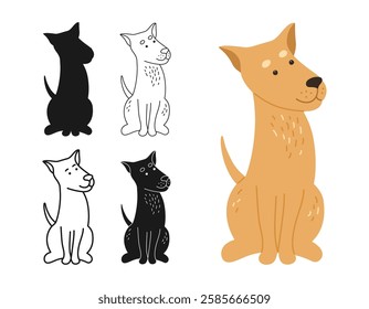 Dog cartoon character symbol or silhouette illustration set. Friendly cute simple dog terrier sits linear doodle icon. Funny sign adorable domestic pedigree pet animal. Comic childish isolated vector