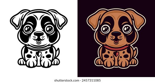 Dog cartoon character vector illustration in two syles, black on white and colored style on dark background