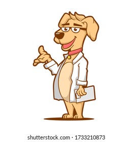 Dog Cartoon Character Wearing Lab Coat Medical Vector Illustration, Mascot For Veterinary Clinic, Pet Care.