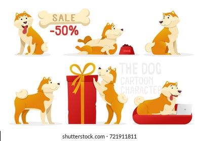 The dog cartoon characters vector illustration. Yellow dogs in different poses vector flat design isolated on white background.