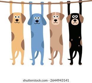 dog, cartoon, cute, funny, animal, design, comic, draw, pet, puppy, hanging, bar, stick, colorful, spot, tail, paws, eyes, ears, upright, vector, graphic, art, clipart, kids, playful, happy