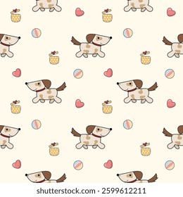 Dog cartoon so cute. On ball gift box heart background. Pattern seamless vector illustration. 