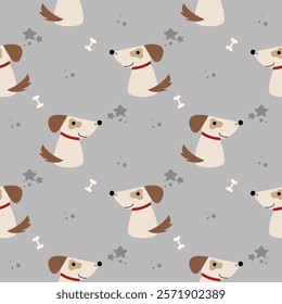 Dog cartoon so cute. On bone star gray background. Pattern seamless vector illustration. 
