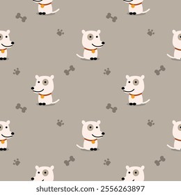 Dog cartoon so cute. On bones footprints gray background. Pattern seamless vector illustration. 
