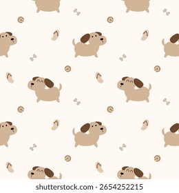 Dog cartoon so cute. On flip flops ball bone background. Pattern seamless vector illustration. 