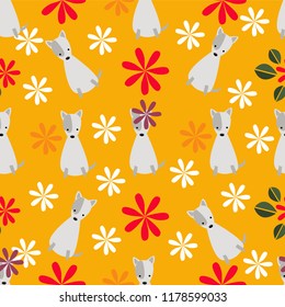Dog cartoon and flowers seamless pattern