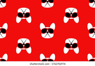 Dog cartoon hand drawing pattern. French bulldog wearing sunglasses. Seamless Vector illustration on red background.