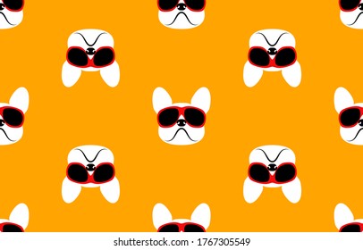 Dog cartoon hand drawing pattern. French bulldog wearing red sunglasses. Seamless Vector illustration on yellow background.