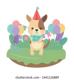 Dog cartoon with happy birthday icon design