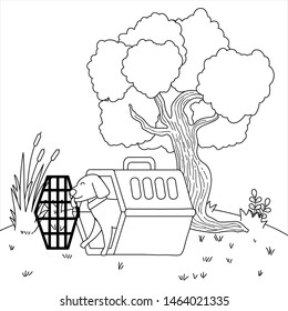 Dog cartoon inside kennel design