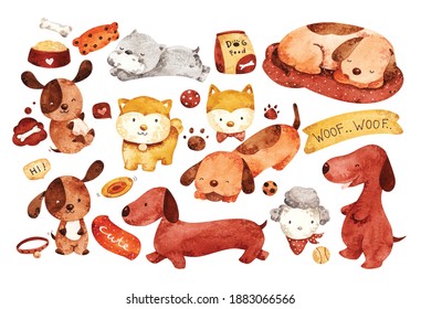 Dog cartoon set in water color vector